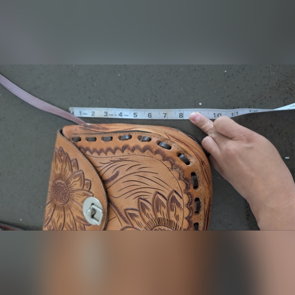 Sunflower Embossed Tan Leather Crossbody Bag Unique Personalized Leather Bag - Picture 10 of 14
